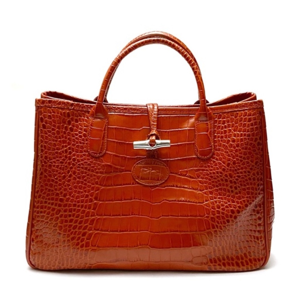 Longchamp Terracotta Roseau Croc Embossed Leather Toggle Shopper Top Handle Bag